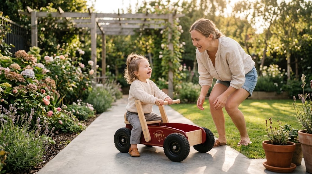 parent supervising toddler using push cars for toddlers