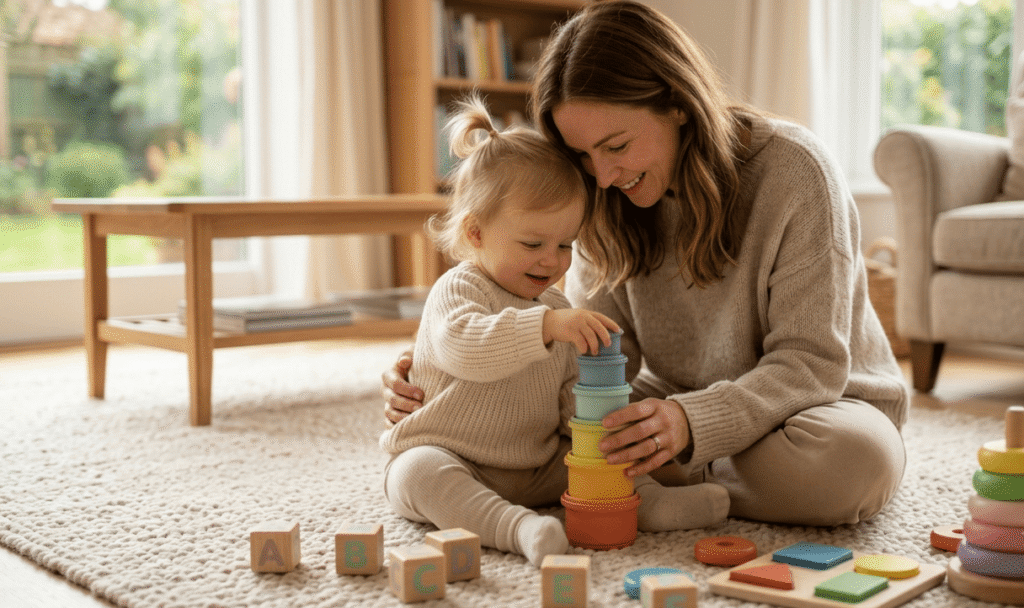 Mother guiding her toddler while playing with nesting and stacking cups