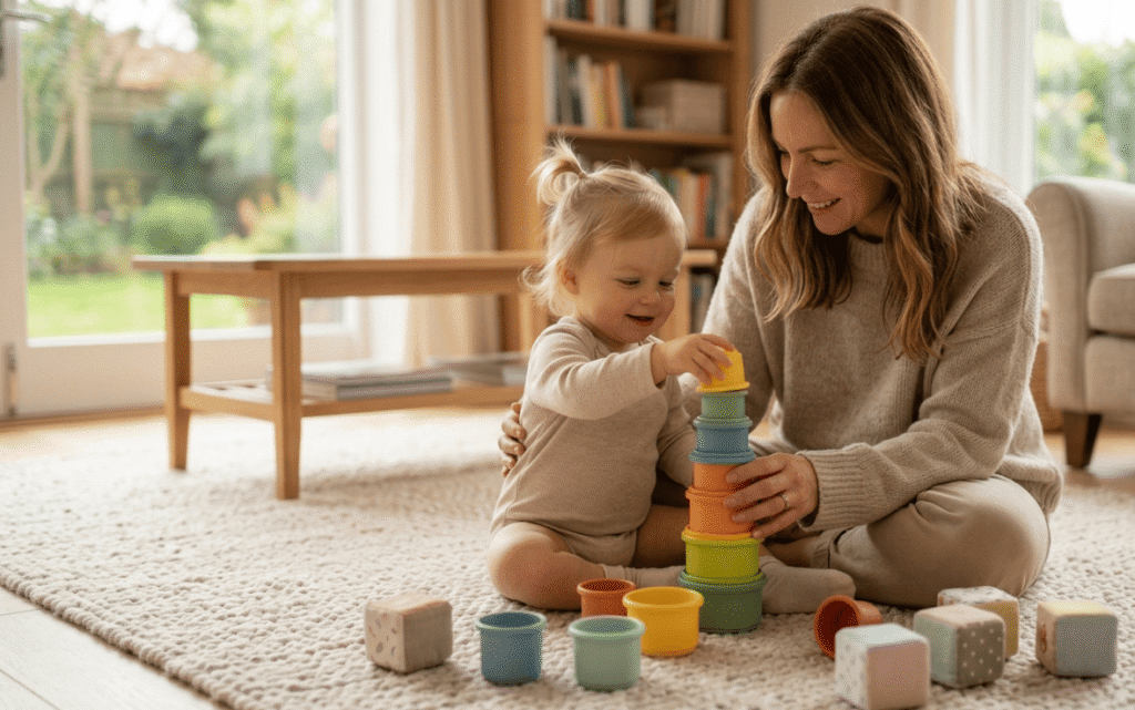 Mother guiding her toddler while playing with nesting and stacking cups