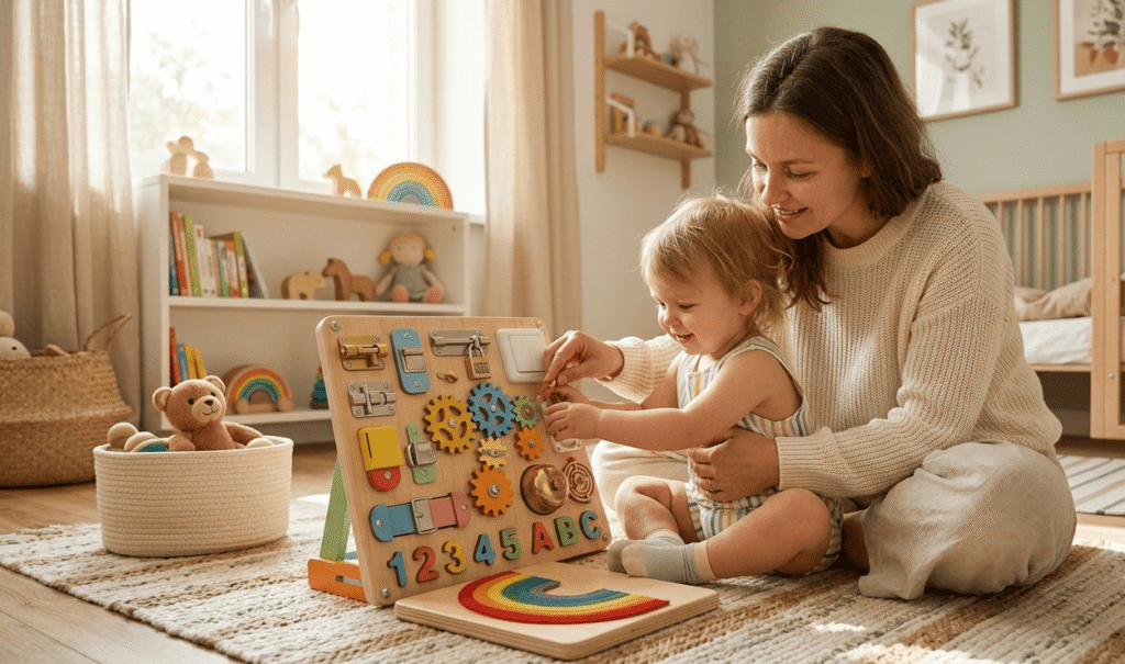 : Mother and toddler reviewing safety features while playing with a wooden sensory board