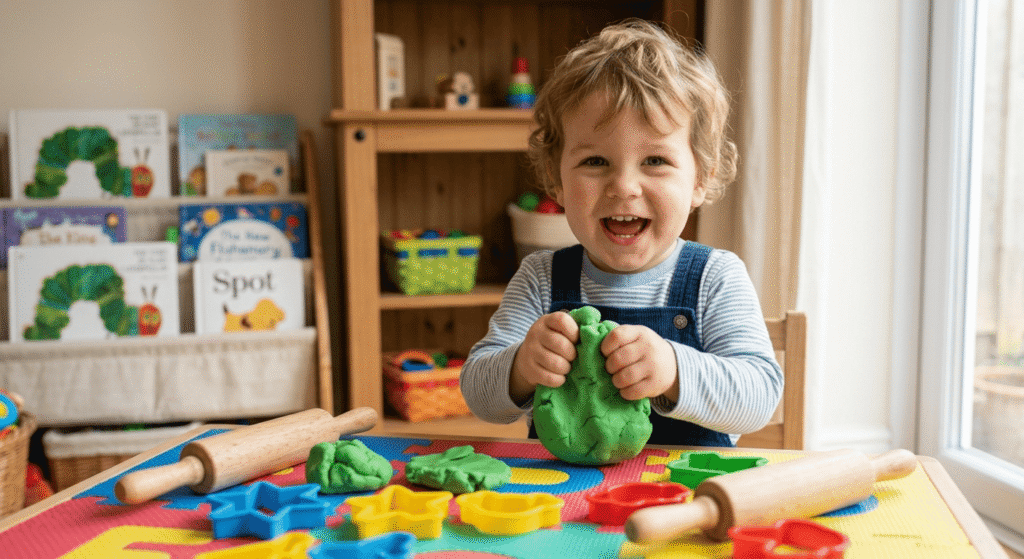 Toddler squeezing and rolling colorful playdough with wooden modeling tools