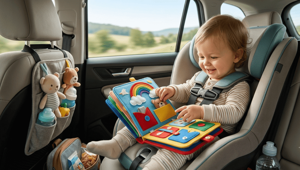 Toddler using a portable soft felt busy book in a car seat during travel
