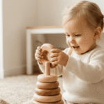 Curious toddler exploring smooth natural wooden stacking rings safely.Safe Educational Toys