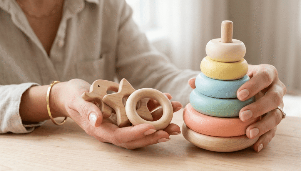 Non-toxic wooden baby teether and stacking ring toy made from natural wood