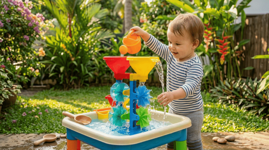 : Toddler exploring sensory science at an outdoor water activity table