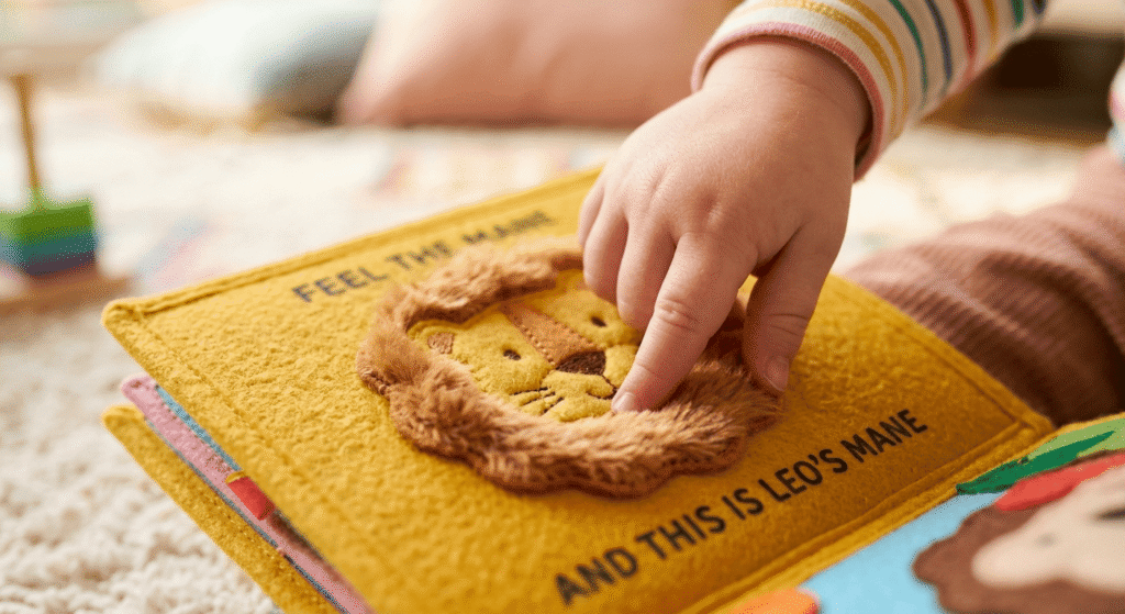 Close-up of a toddler hand touching a textured patch in a touch-and-feel book