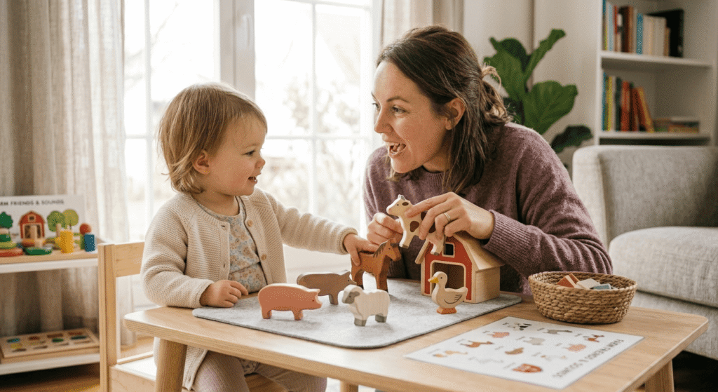 Toddler practicing speech using animal toys during a developmental play session.