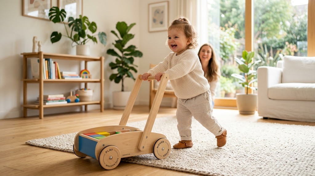 happy toddler pushing a wooden push car for toddlers