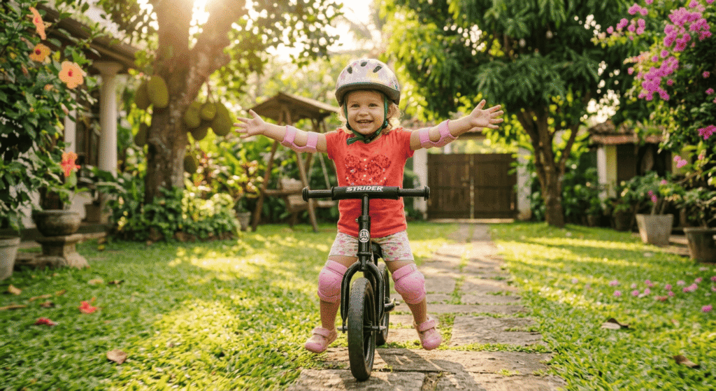 Toddler confidently gliding on a balance bike with feet off the ground