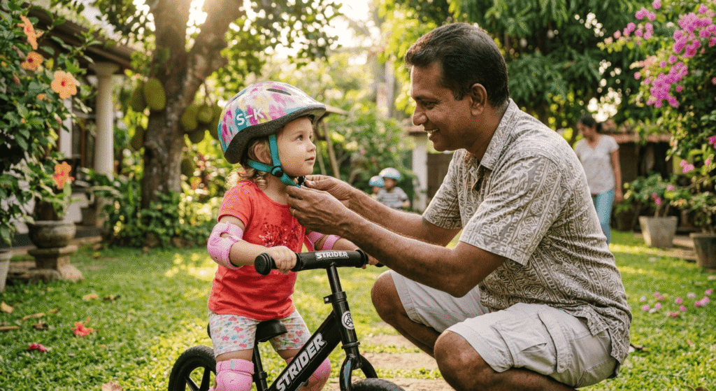 Parent fastening a safety helmet on a 2-year-old child on a balance bike