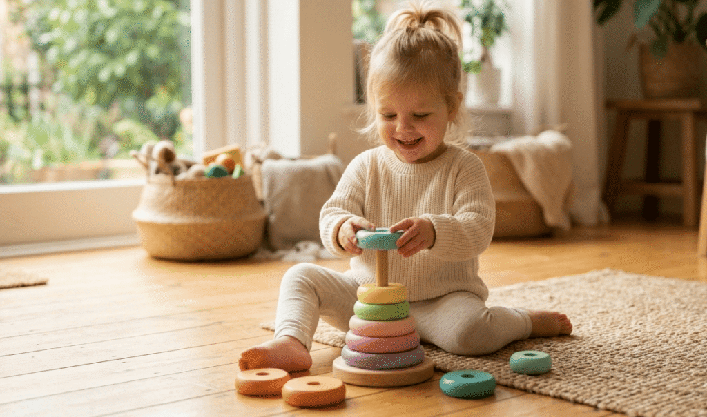 Toddler stacking pastel wooden rainbow rings on a vertical peg