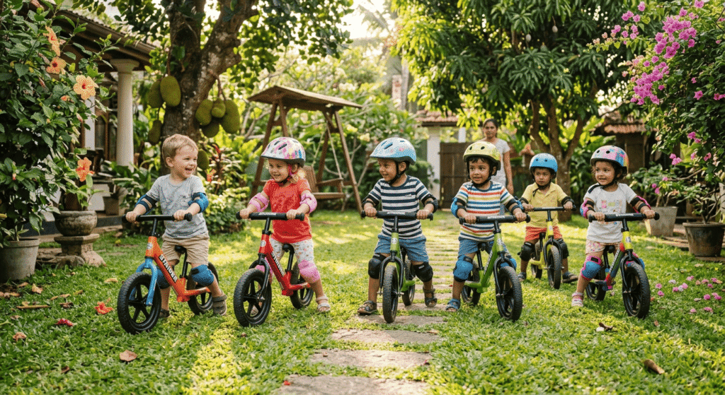 Toddlers riding different balance bikes together in a grassy garden