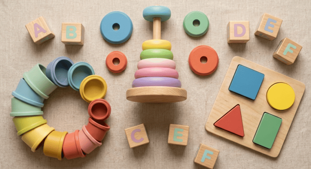 Flat lay collection of educational shape sorters and stacking cups for toddlers