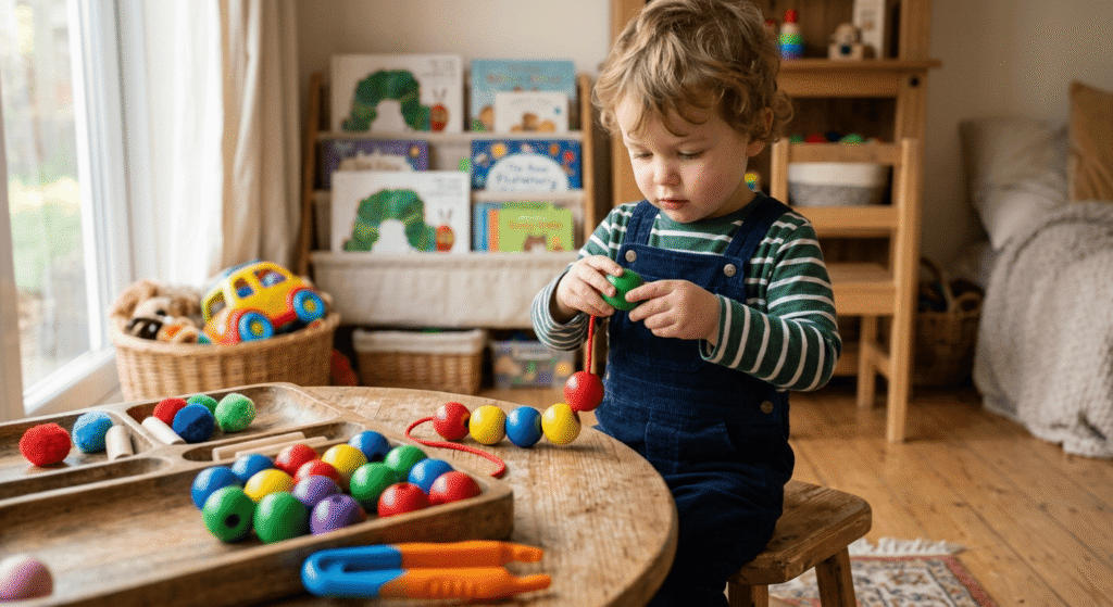Toddler carefully stringing large wooden lacing beads at a table