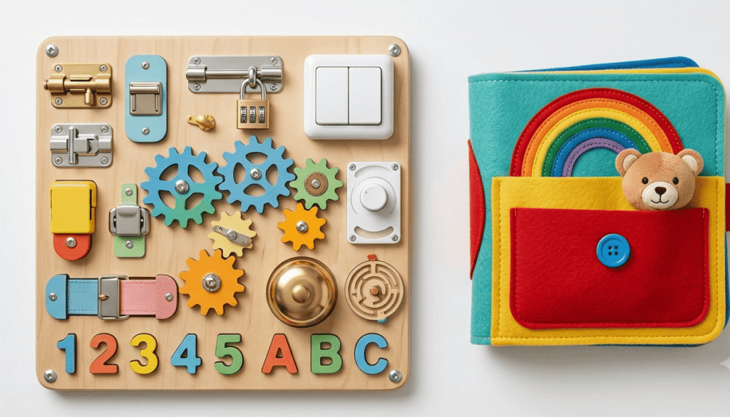 Side-by-side comparison of a wooden busy board and a soft felt activity book