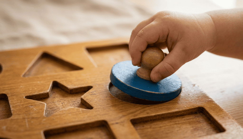 Close-up of a toddler's hand picking up a wooden peg puzzle piece.