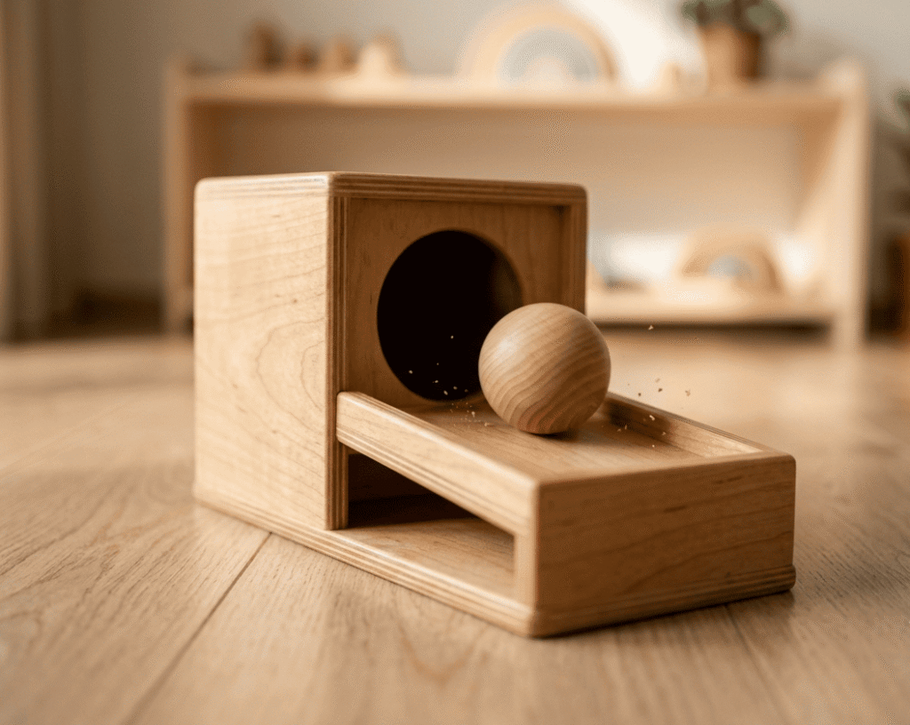 Close-up view of a wooden ball rolling out of the opening of a Montessori Object Permanence Box into the tray.