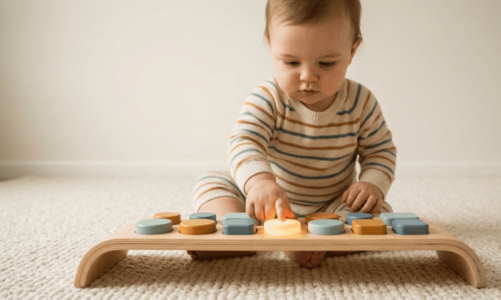 Baby pressing buttons on a colorful musical keyboard