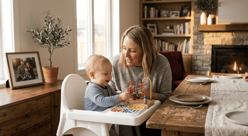 A mother interacting with her baby sitting in a high chair with a toy.