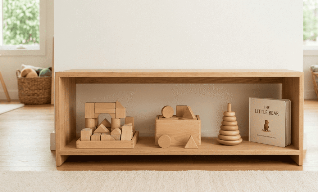 An organized minimalist toy shelf displaying curated open-ended toys.