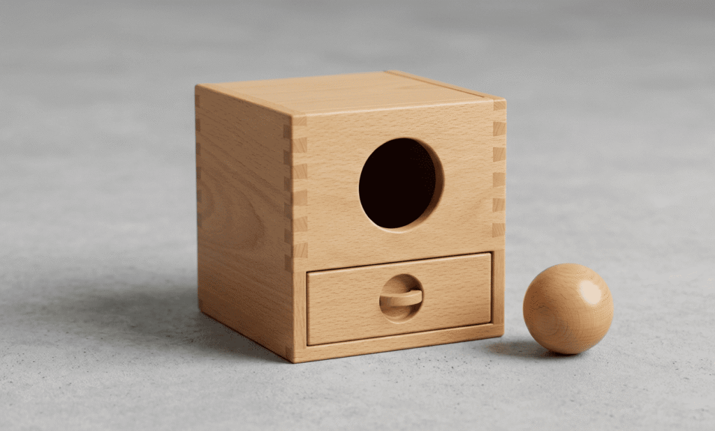 Side-by-side view of a classic Montessori Object Permanence Box and an advanced box with a drawer.