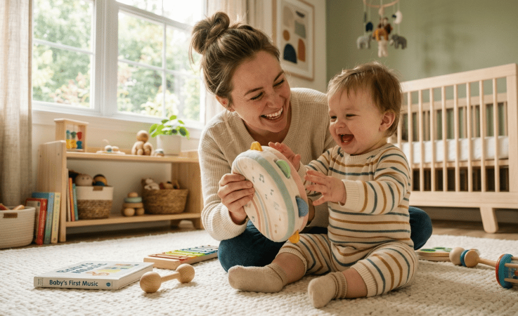 Mother playing a musical toy with her baby