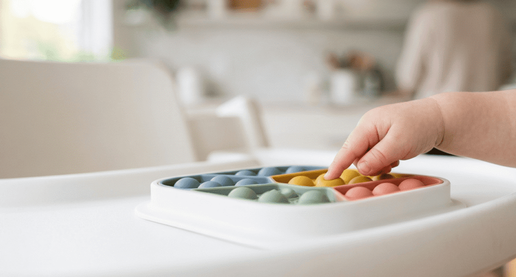 Baby hand pressing a colorful silicone sensory push pop toy on a tray.