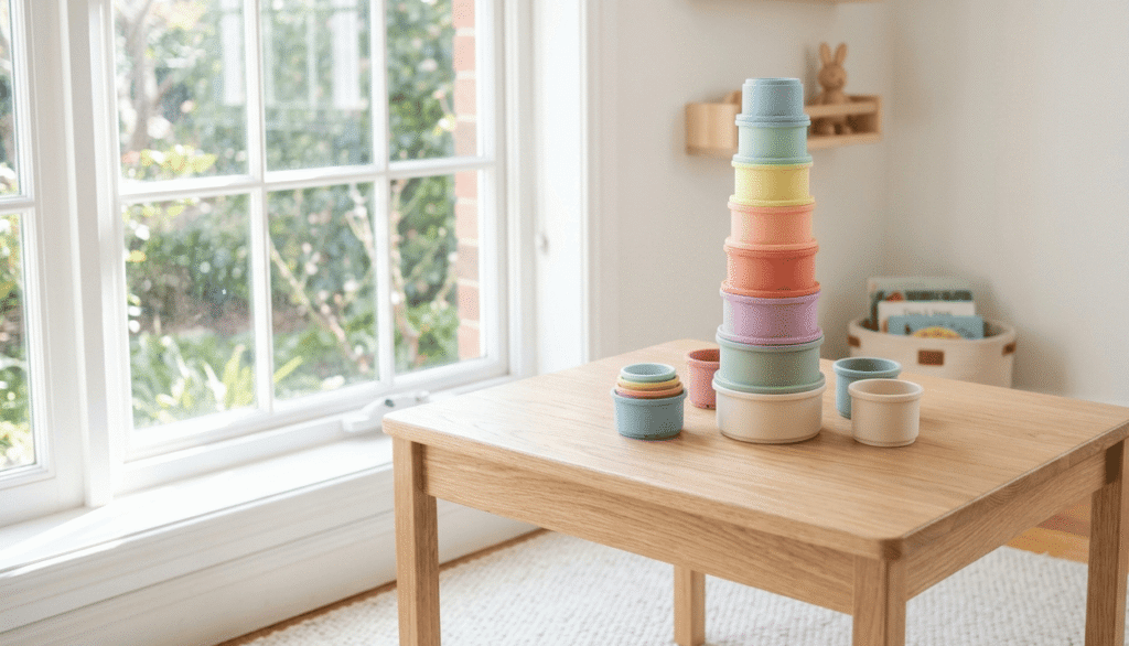 A set of pastel-colored silicone stacking and nesting cups for toddlers.