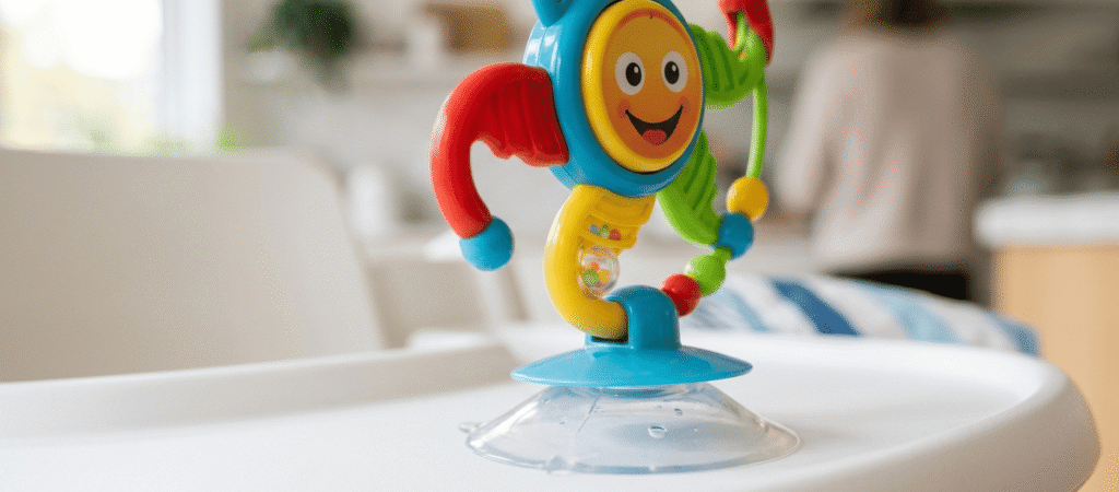 Close-up of a sturdy silicone suction cup base on a high chair tray.