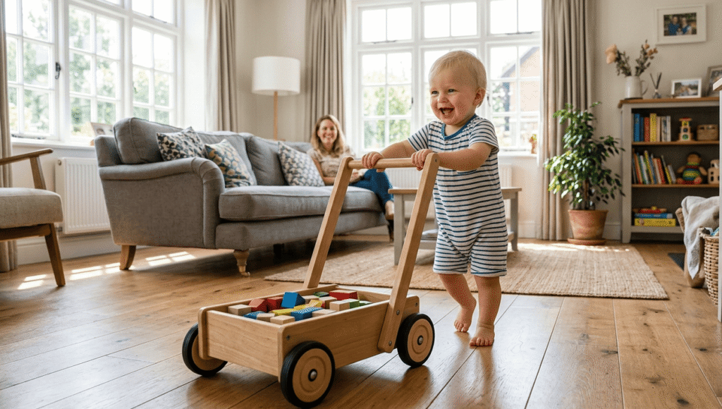 A happy toddler using a wooden push wagon to practice walking.