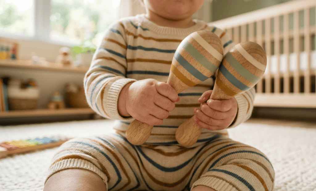Baby holding a wooden musical shaker