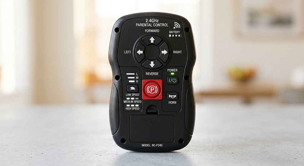 Detailed view of a 2.4GHz parental remote control handset showing directional arrows and an emergency stop button.