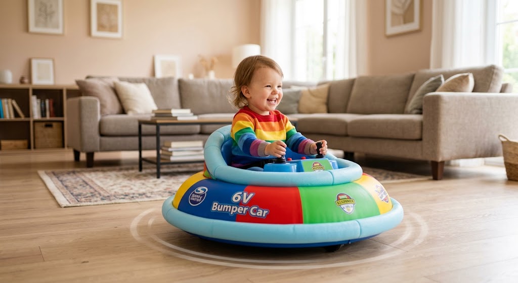 Toddler having fun in a colorful 6V electric bumper car indoors.6V Electric Ride-On Cars