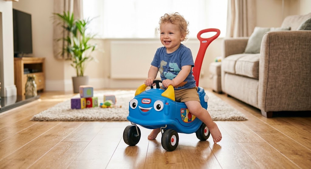 1-year-old baby using a 4-wheel push car indoors for leg strength.