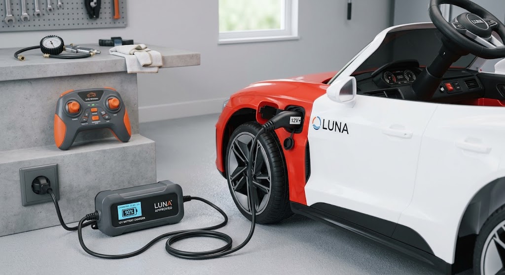 Battery charging setup for the Best 12V Electric Ride-On Cars for 3-Year-Olds.