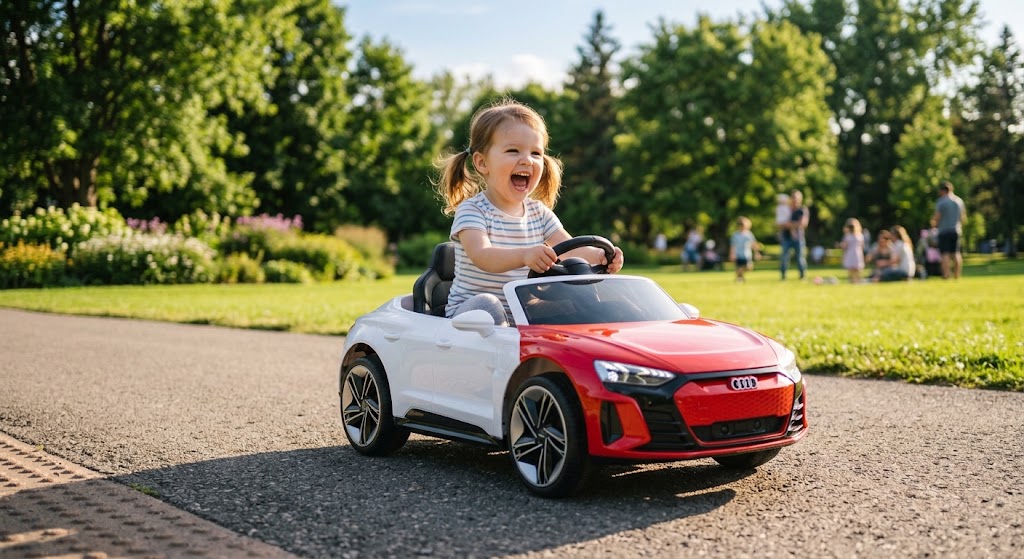 Happy toddler driving the Best 12V Electric Ride-On Cars for 3-Year-Olds outdoors.