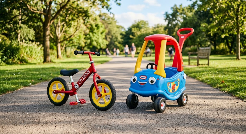 Best balance bikes vs baby push cars side by side outdoors.Best Balance Bikes vs. Baby Push Cars