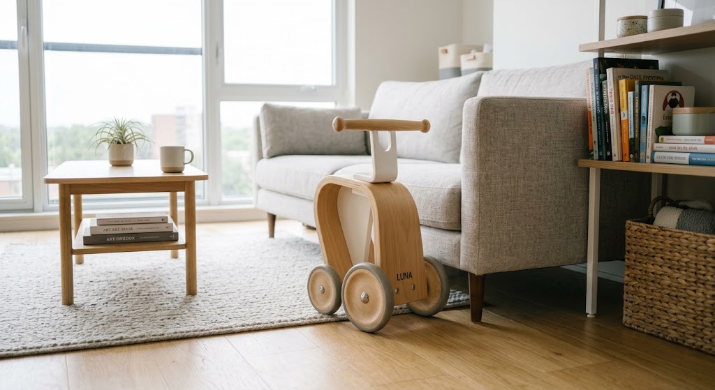 Folded compact ride-on toy stored neatly beside apartment furniture.