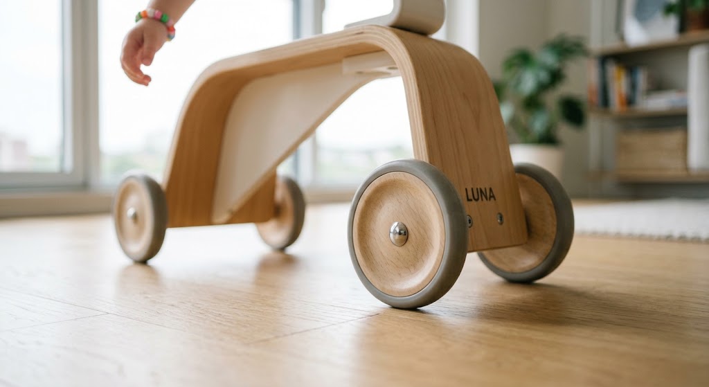 Silent rubber wheels on an indoor toddler ride-on toy.