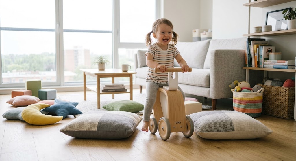 Toddler steering an indoor ride-on toy around obstacles for gross motor skill development.