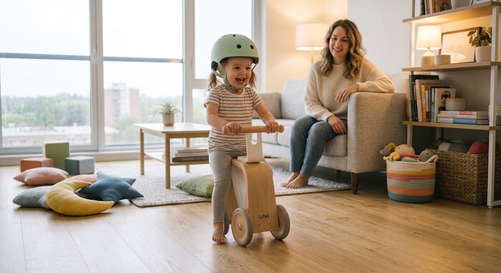 Toddler riding an indoor push car under parent supervision in a small apartment.