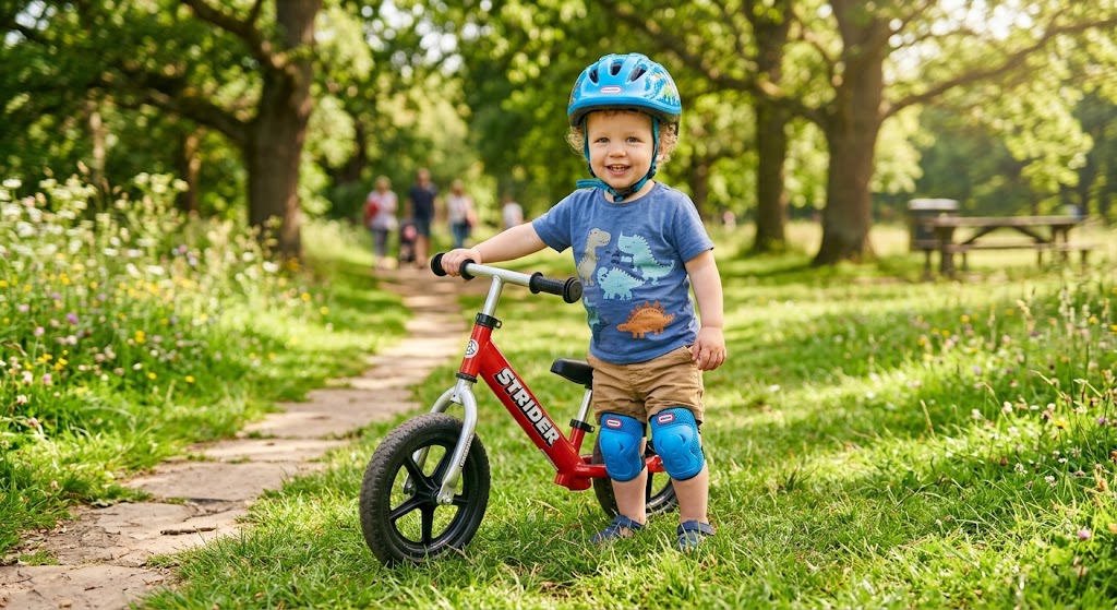 Toddler wearing safety gear with a balance bike outdoors.