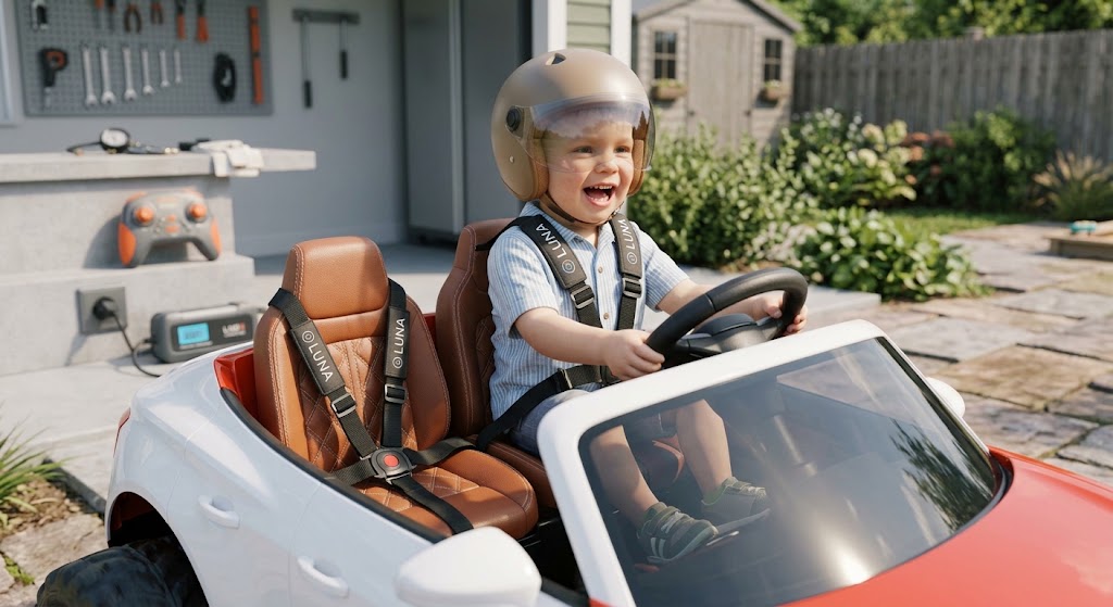 Safety harness and helmet setup for the Best 12V Electric Ride-On Cars for 3-Year-Olds.