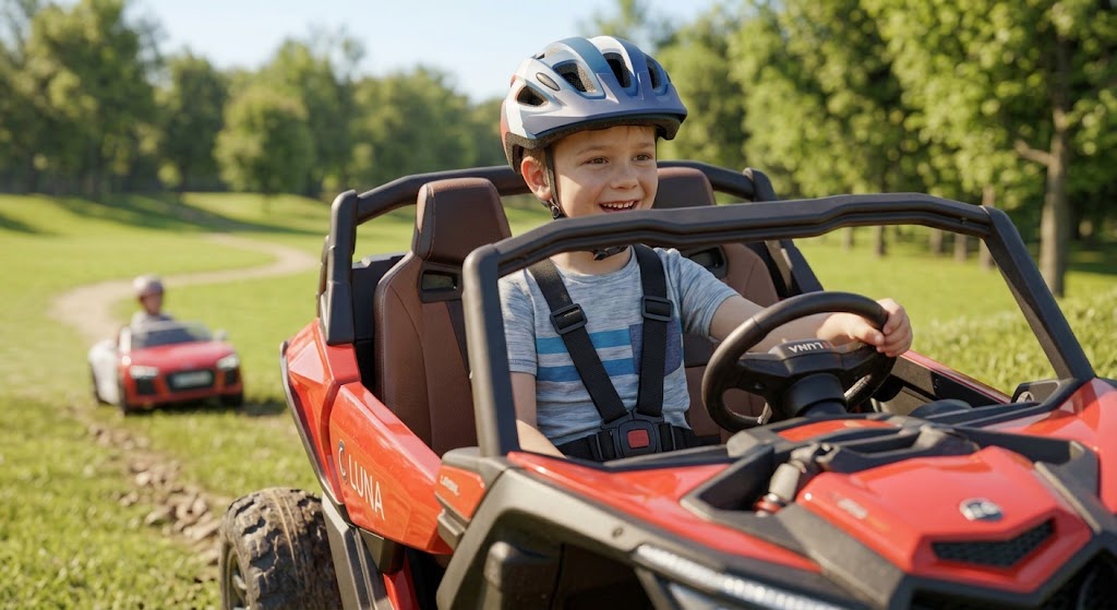 Secure safety harness and helmet setup on the Best 24V Ride-On Vehicles for Big Kids.
