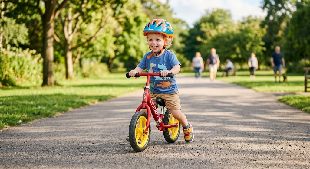 Toddler balancing on a modern balance bike in a park.