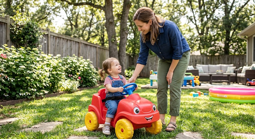 Parent supervising a 1-year-old child inside a safe electric ride-on toy car.Are Ride-On Cars Safe for 1-Year-Olds