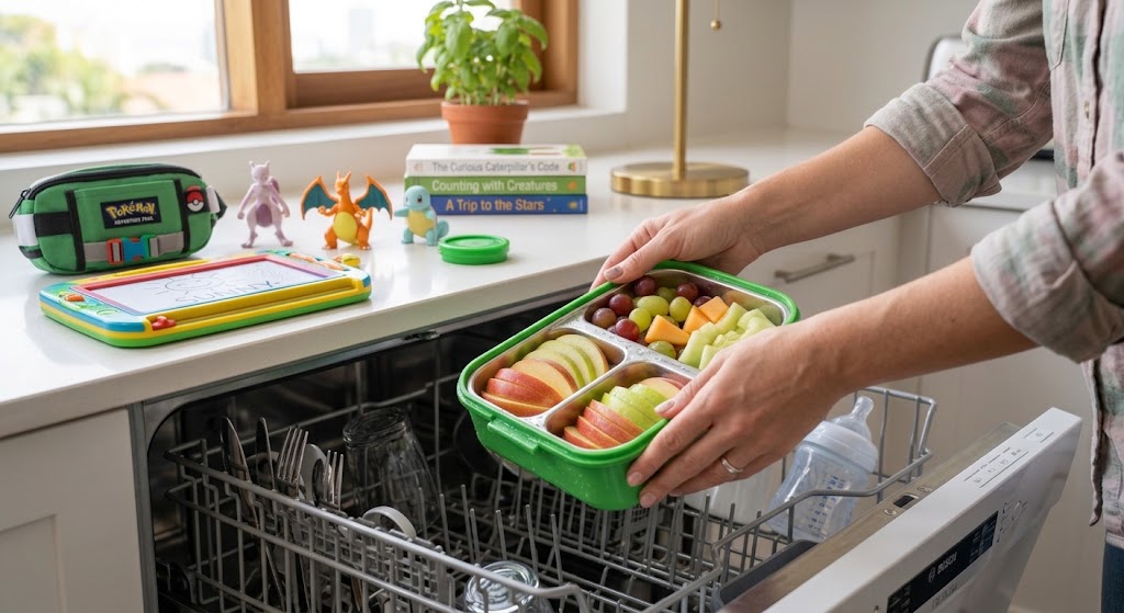 A parent cleaning an inner tray from the best bento lunchboxes for kids in a dishwasher.