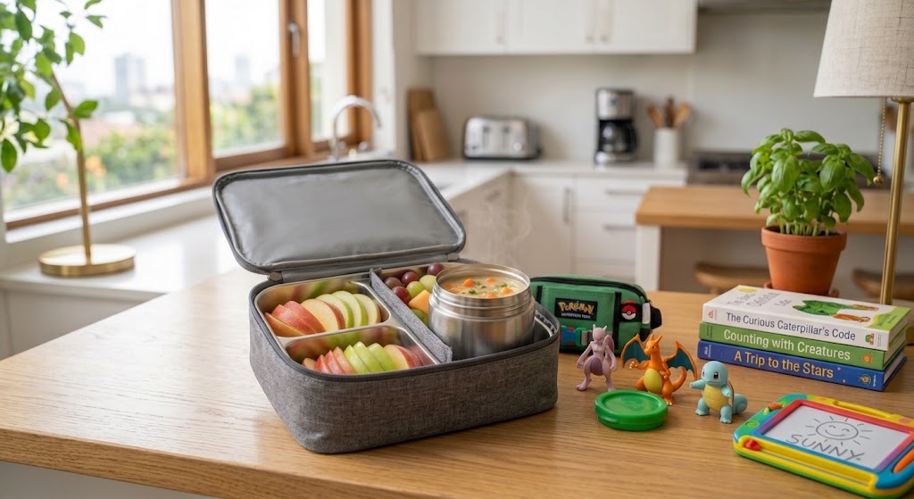 An insulated container with a built-in thermos showcasing the best bento lunchboxes for kids versatility.