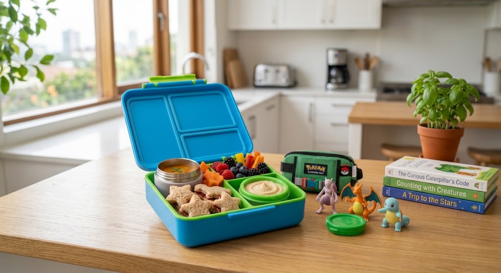 A colorful packed container showing the best bento lunchboxes for kids filled with healthy food on a kitchen counter.