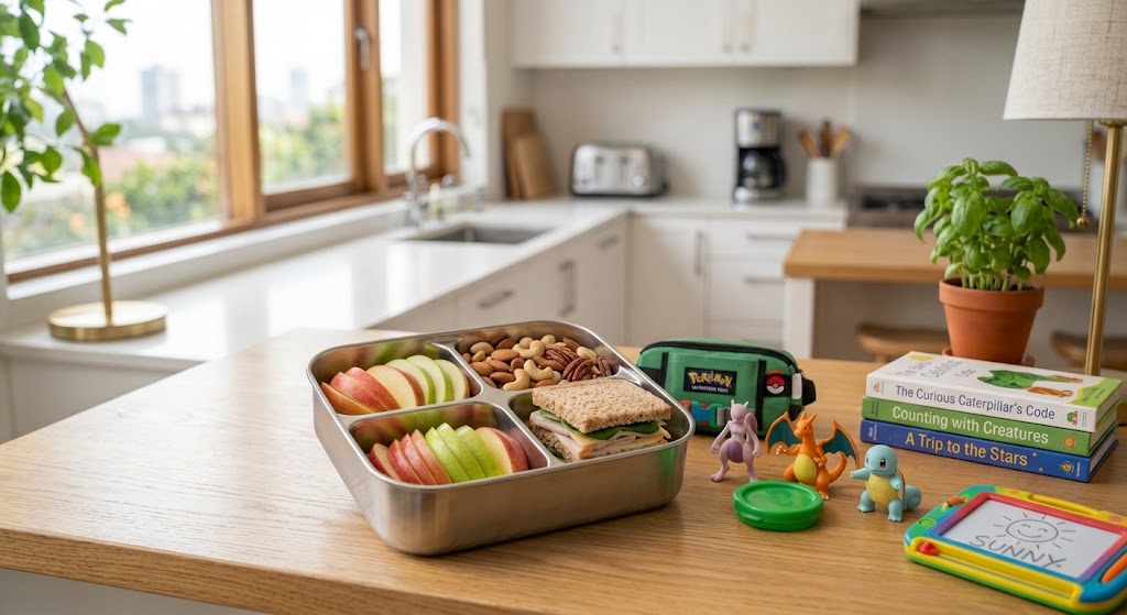 A durable stainless steel model from the best bento lunchboxes for kids selection filled with healthy snacks.
